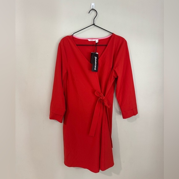 Betabrand Dresses & Skirts - NWT Betabrand Red Umoreil Faux Wrap Tie Waist 3/4 Sleeve Dress